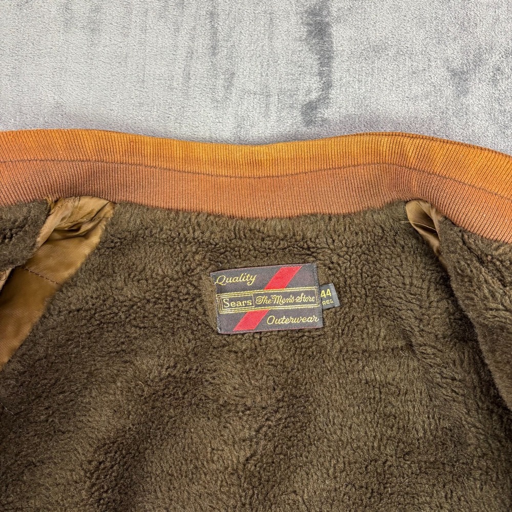 VTG 1980s Sears The Men's Store Sherpa Lined Jacket Size 44 Olive Green Workwear - Picture 6 of 15
